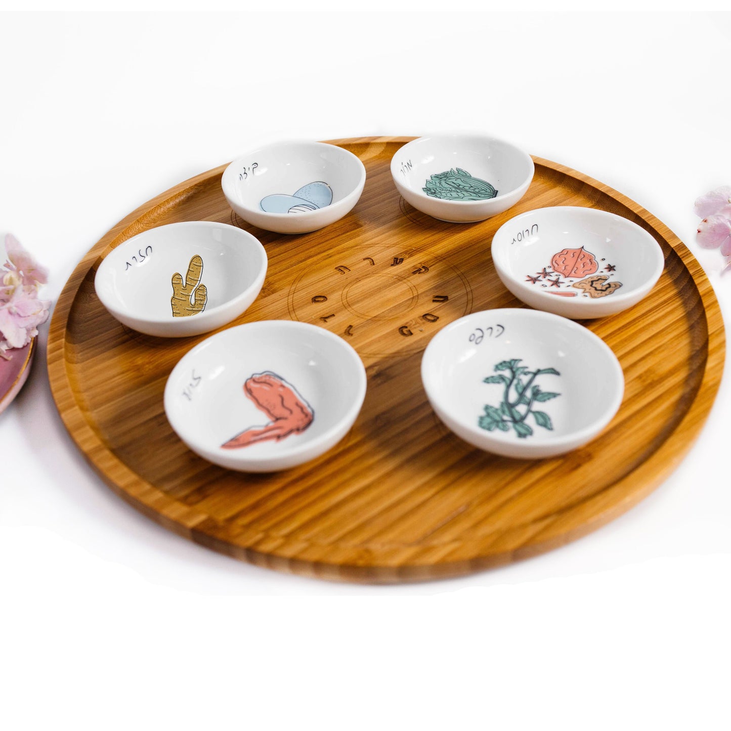 Modern Passover Plate - Wood and Colorful Ceramic Designed Passover Plate