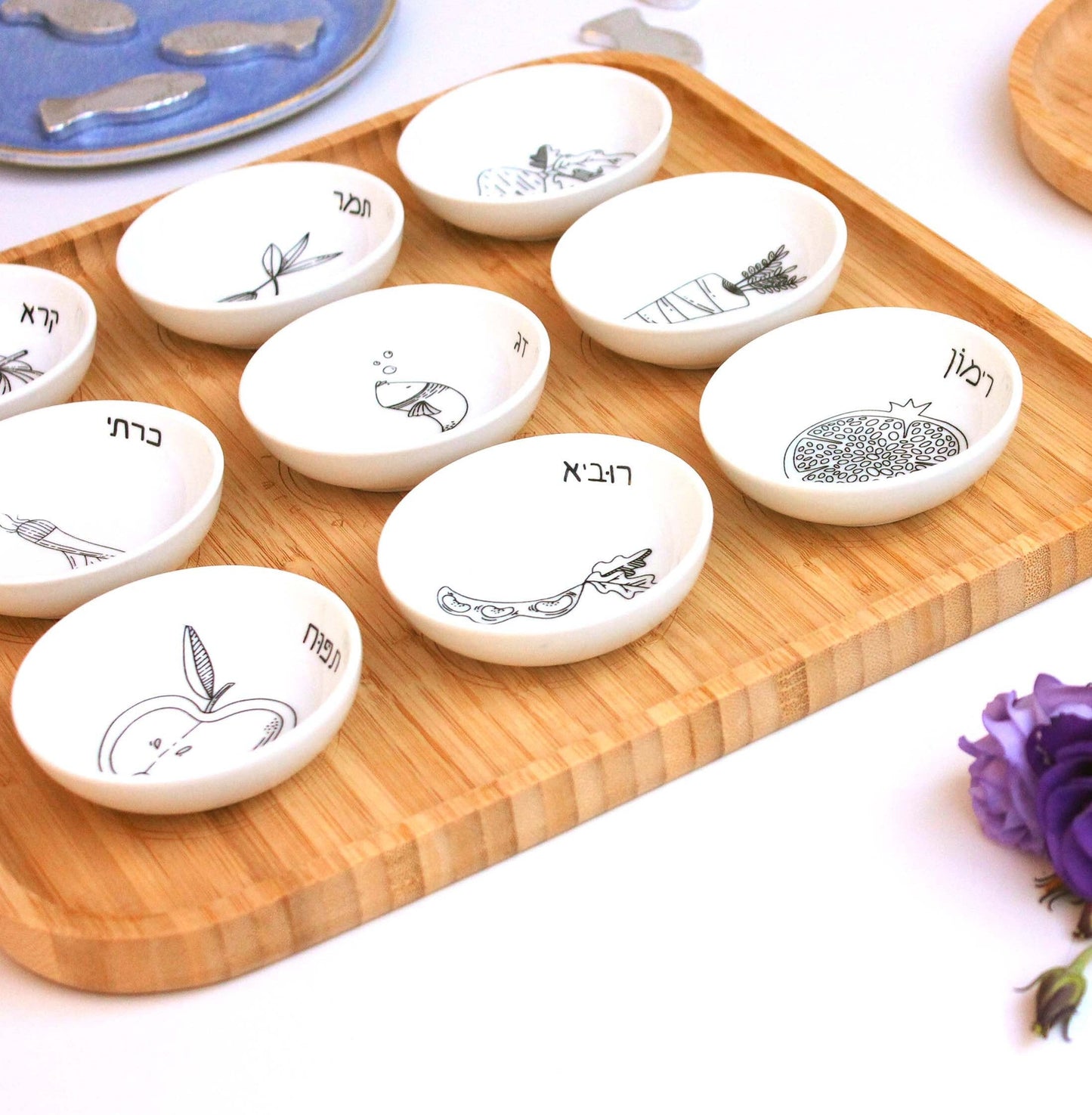 Rosh Hashana Seder Plate with Black and White Porcelain Bowls