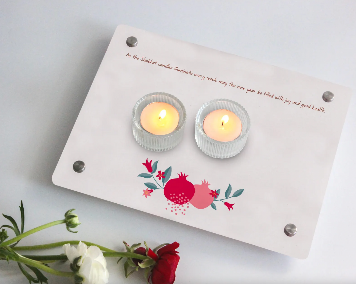 Shabbat Candle Tray with Pomegranate Design with Personalization