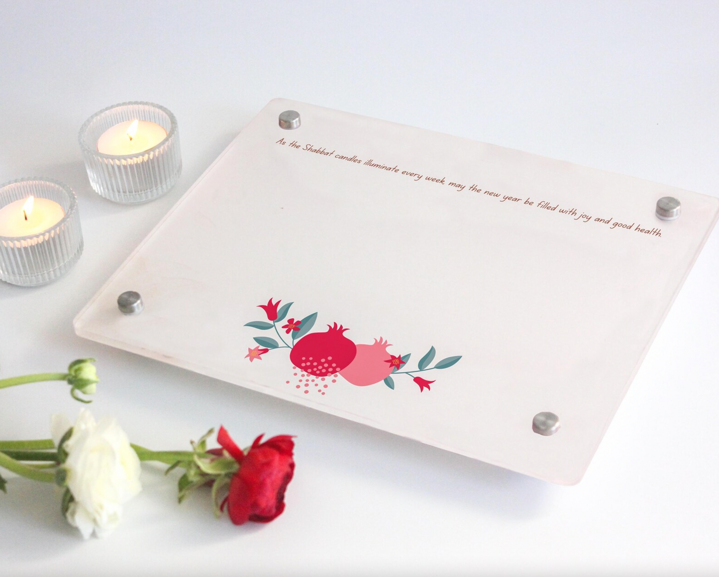 Shabbat Candle Tray with Pomegranate Design with Personalization