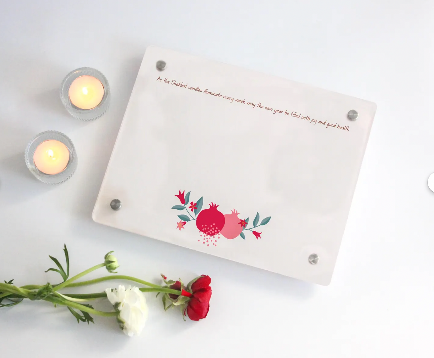 Shabbat Candle Tray with Pomegranate Design with Personalization