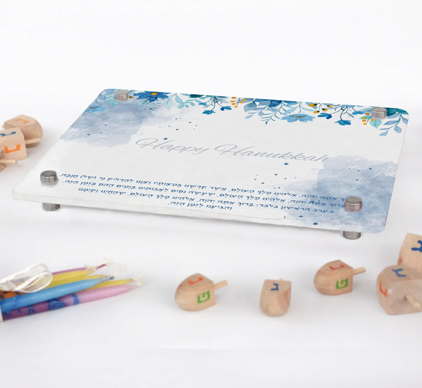 Personalized Happy Hanukkah Menorah Acrylic Tray with Blessing
