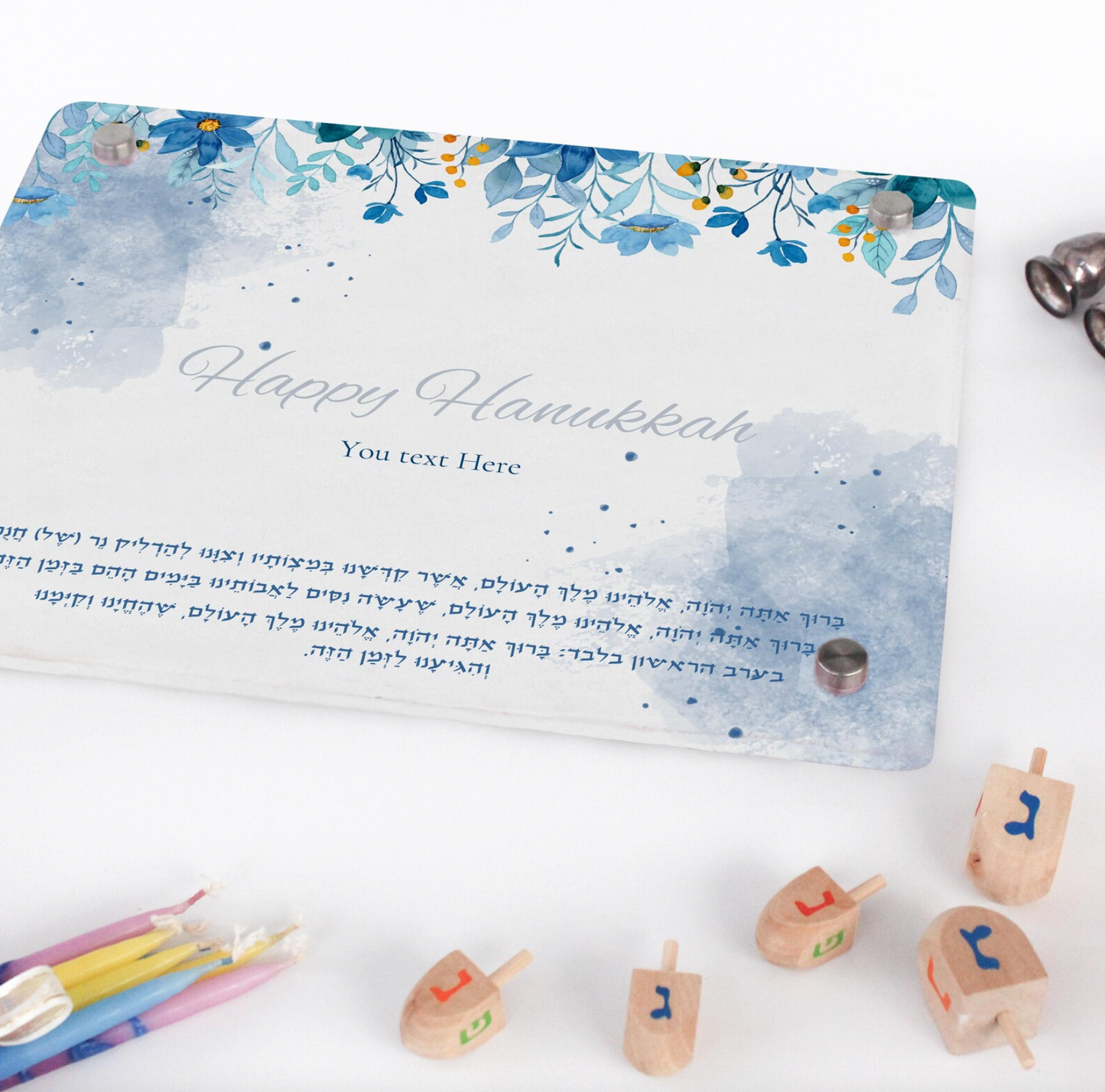 Personalized Happy Hanukkah Menorah Acrylic Tray with Blessing