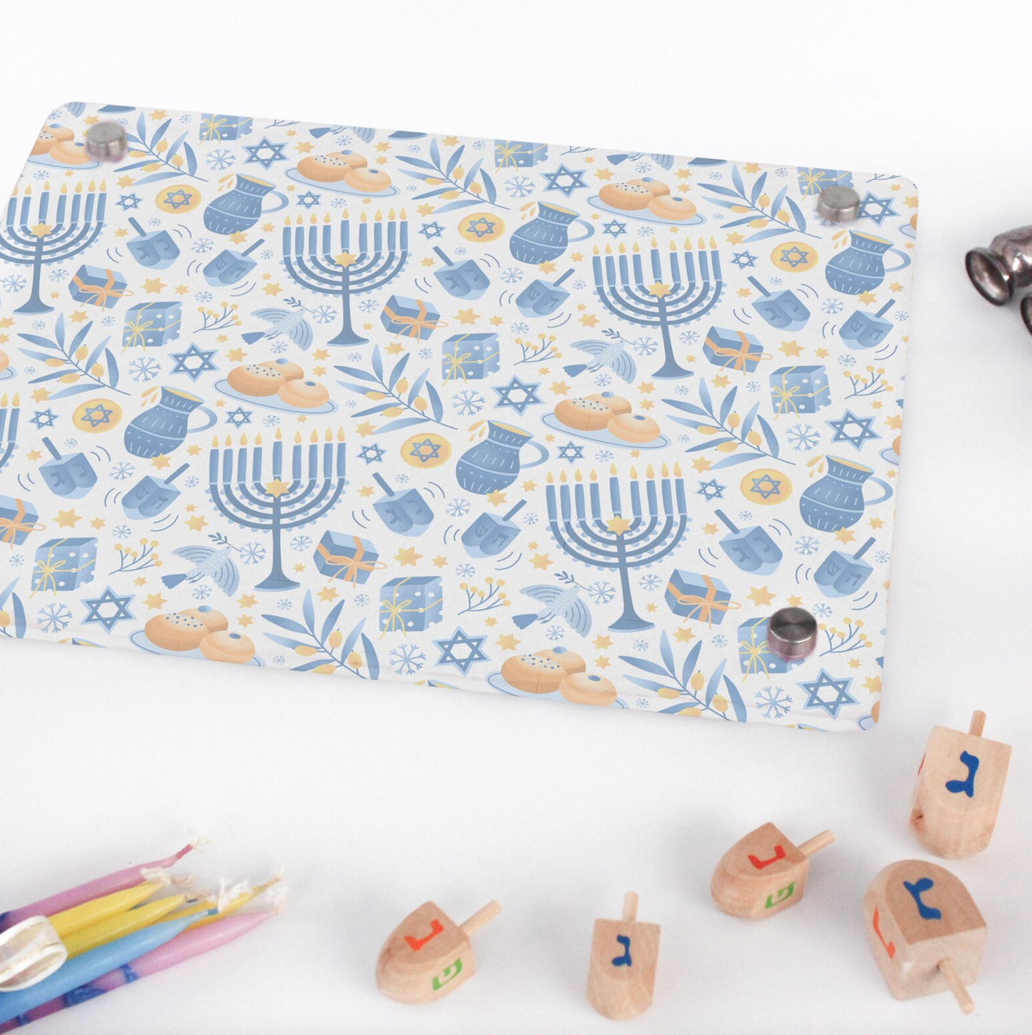 Hanukkah-Themed Acrylic Sign with Festive Blue and Gold Pattern