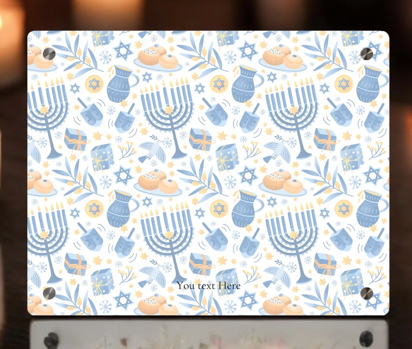 Hanukkah-Themed Acrylic Sign with Festive Blue and Gold Pattern