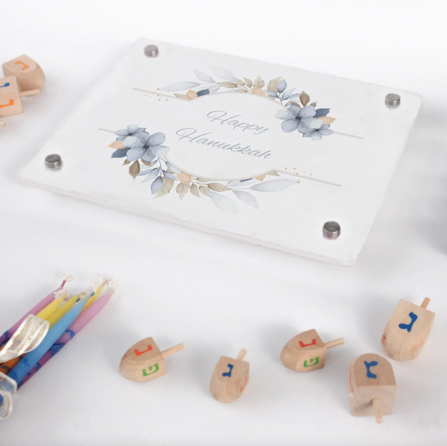 Elegant Floral Happy Hanukkah Acrylic Tray - Soft Pastel Watercolor Design