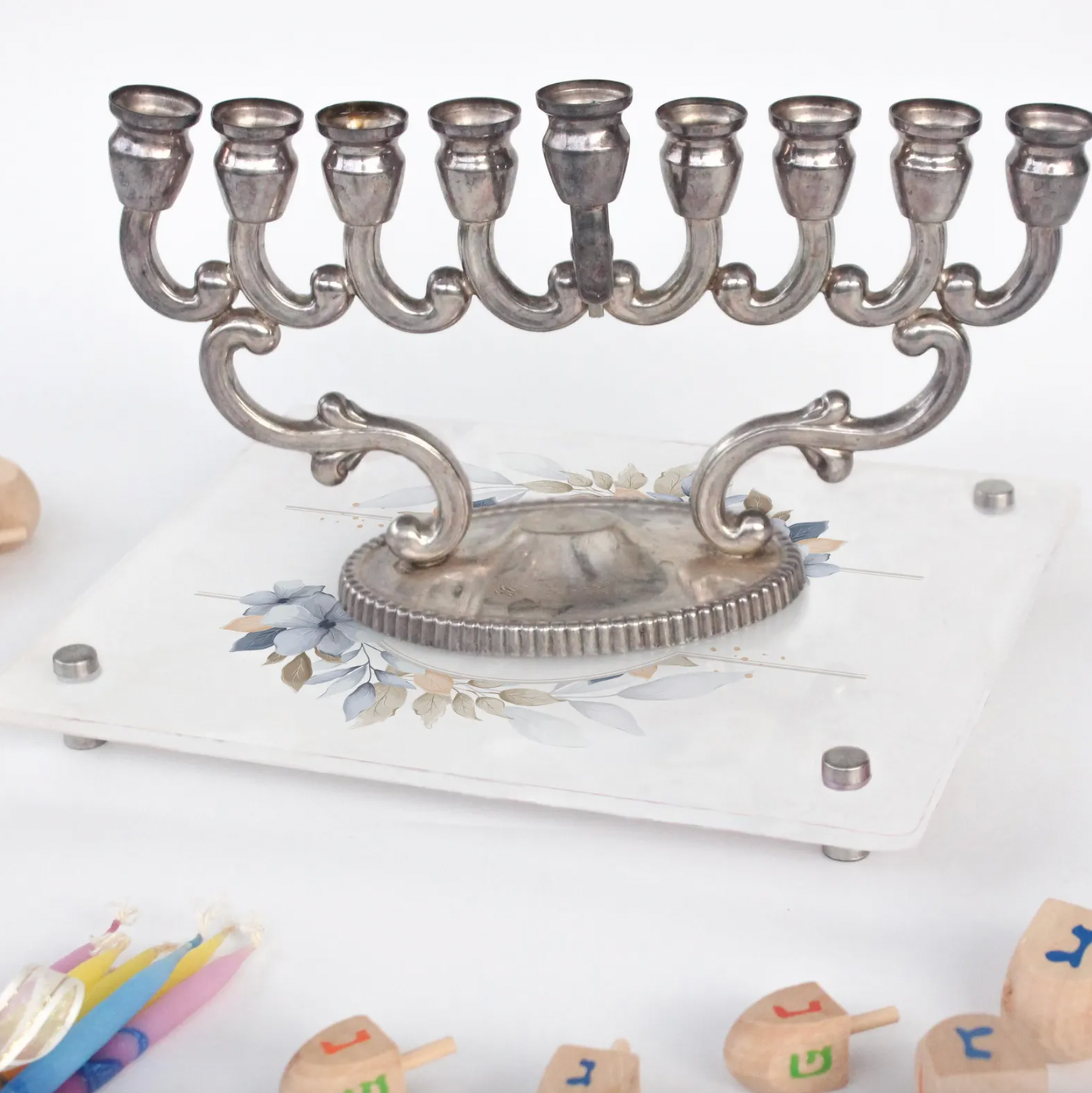 Elegant Floral Happy Hanukkah Acrylic Tray - Soft Pastel Watercolor Design