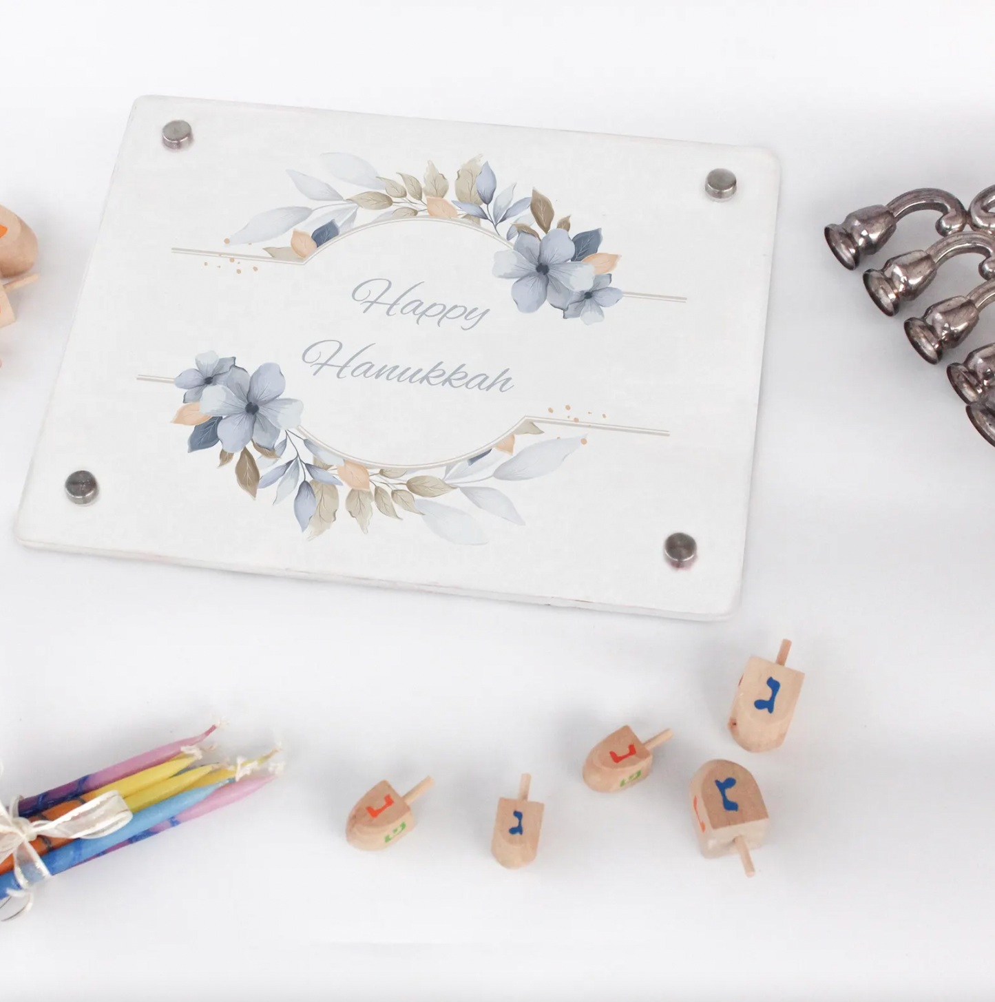 Elegant Floral Happy Hanukkah Acrylic Tray - Soft Pastel Watercolor Design