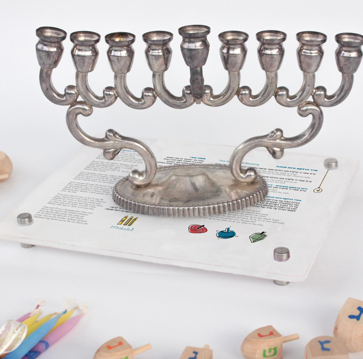 Colorful Dreidel Acrylic Hanukkah Menorah Tray