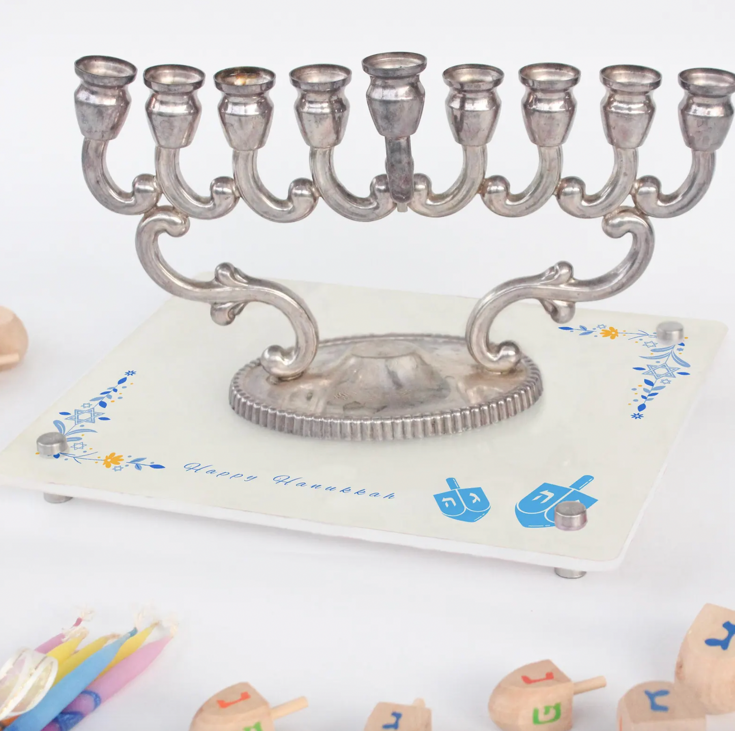 Floral Hanukkah Menorah Tray- Acrylic Candle Holder for Festival of Lights