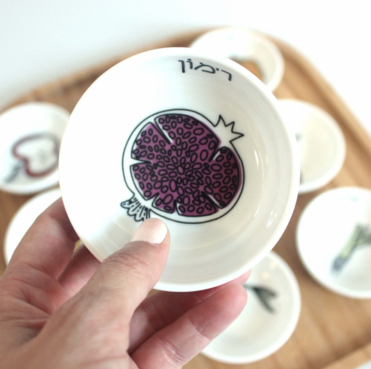 Colorful Rosh Hashana Seder Plate Set – 9 Ceramic Simanim Bowls on Bamboo Tray