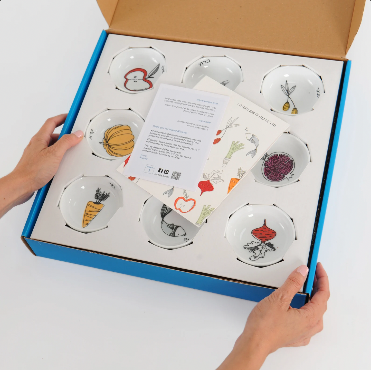 Colorful Rosh Hashana Seder Plate Set – 9 Ceramic Simanim Bowls on Bamboo Tray