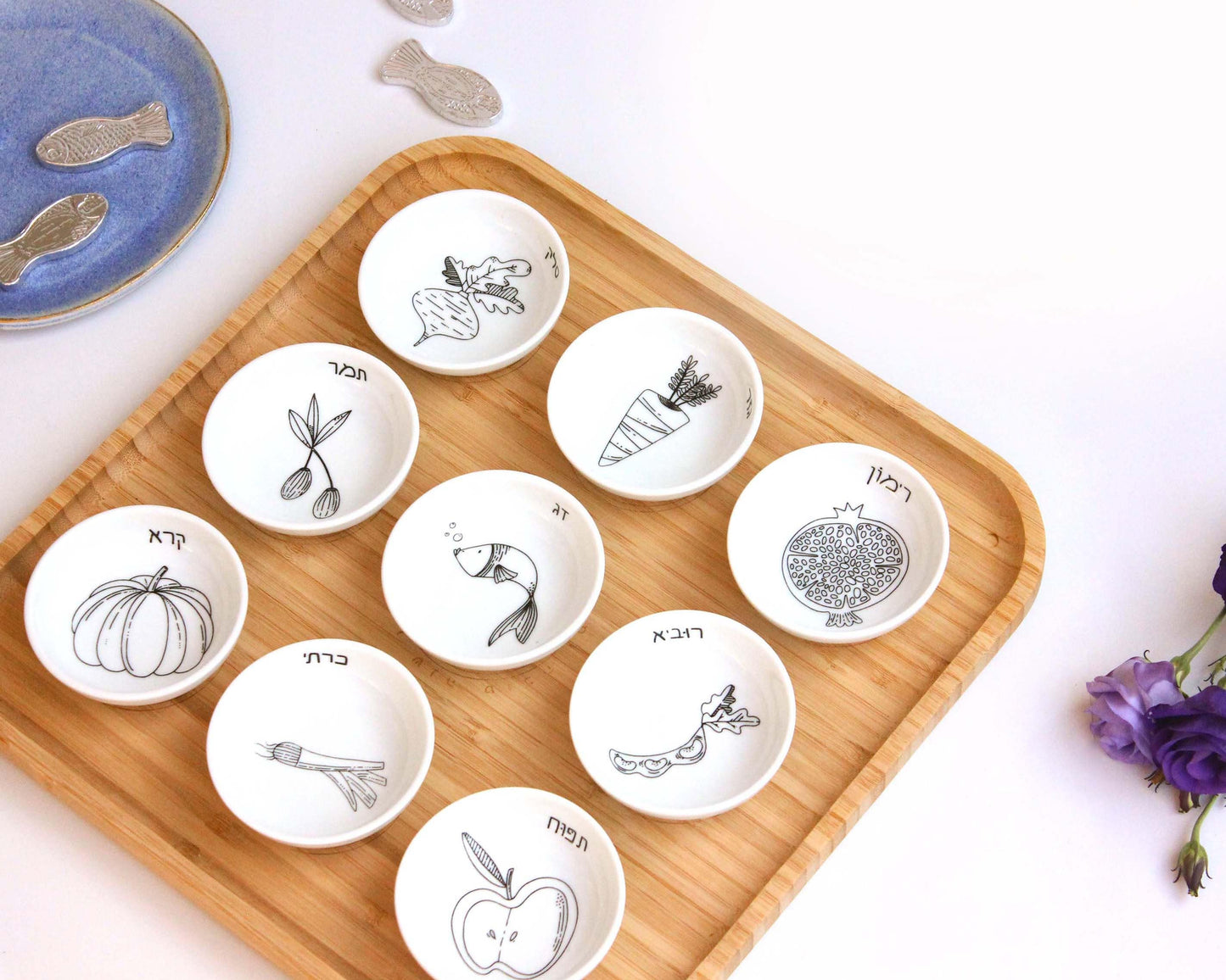Rosh Hashana Seder Plate with Black and White Porcelain Bowls