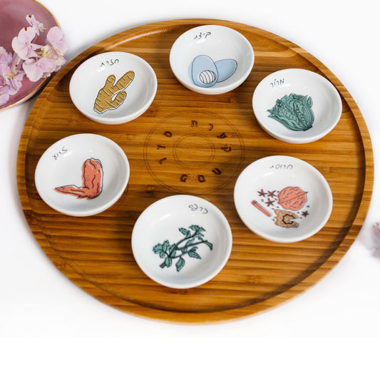Modern Passover Plate - Wood and Colorful Ceramic Designed Passover Plate