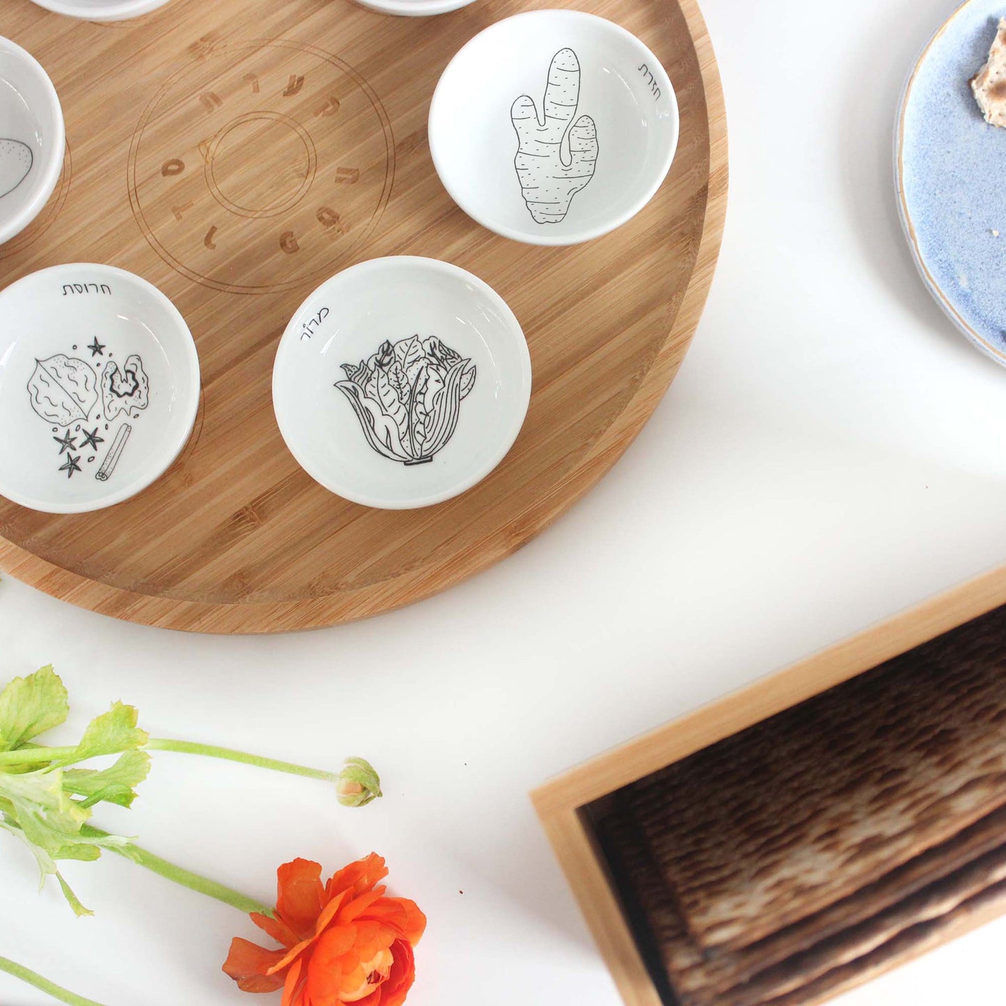 Set of Matza Box and Black and White Seder Plate