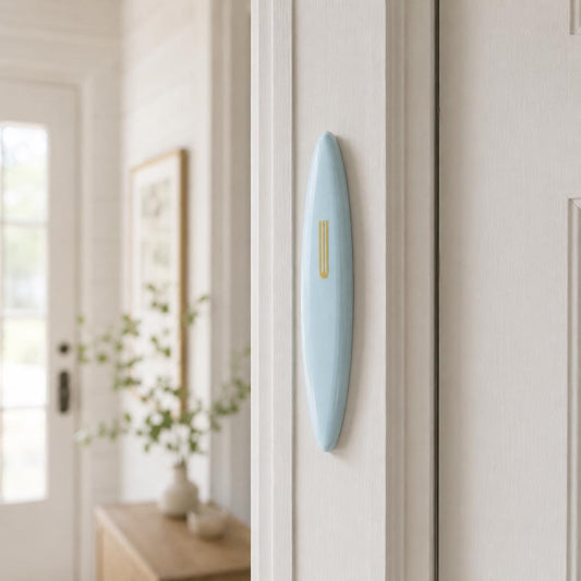 Handmade Modern Ceramic Mezuzah Case - Light Blue & Gold - Special Needs Collaboration