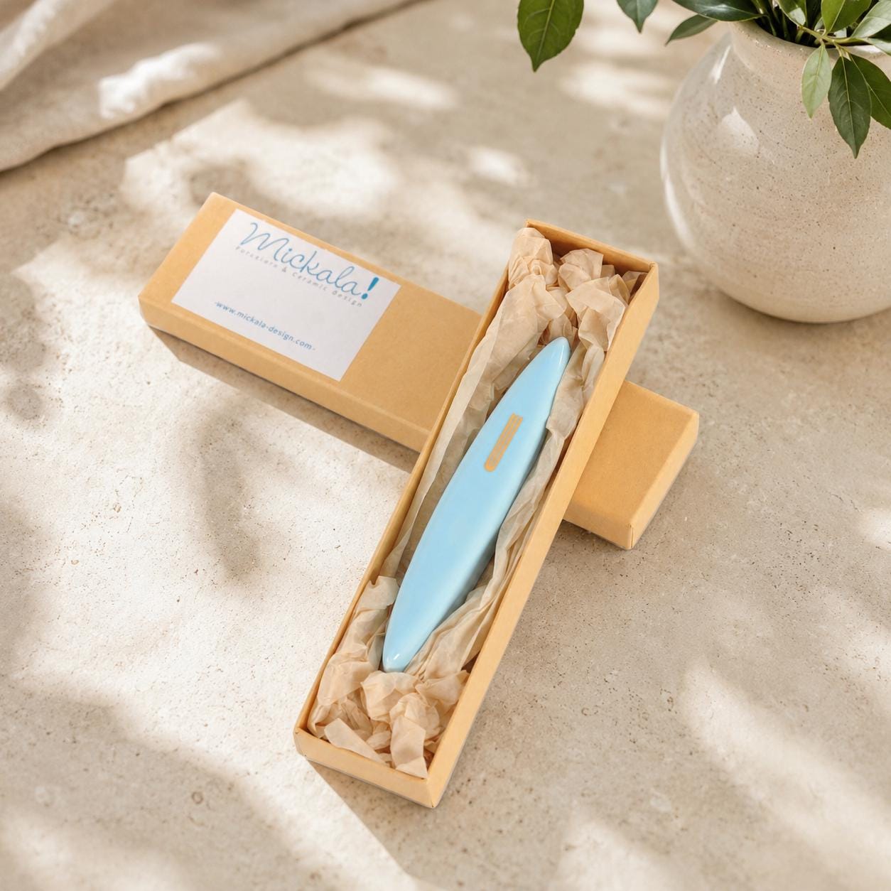 Handmade Modern Ceramic Mezuzah Case - Light Blue & Gold - Special Needs Collaboration