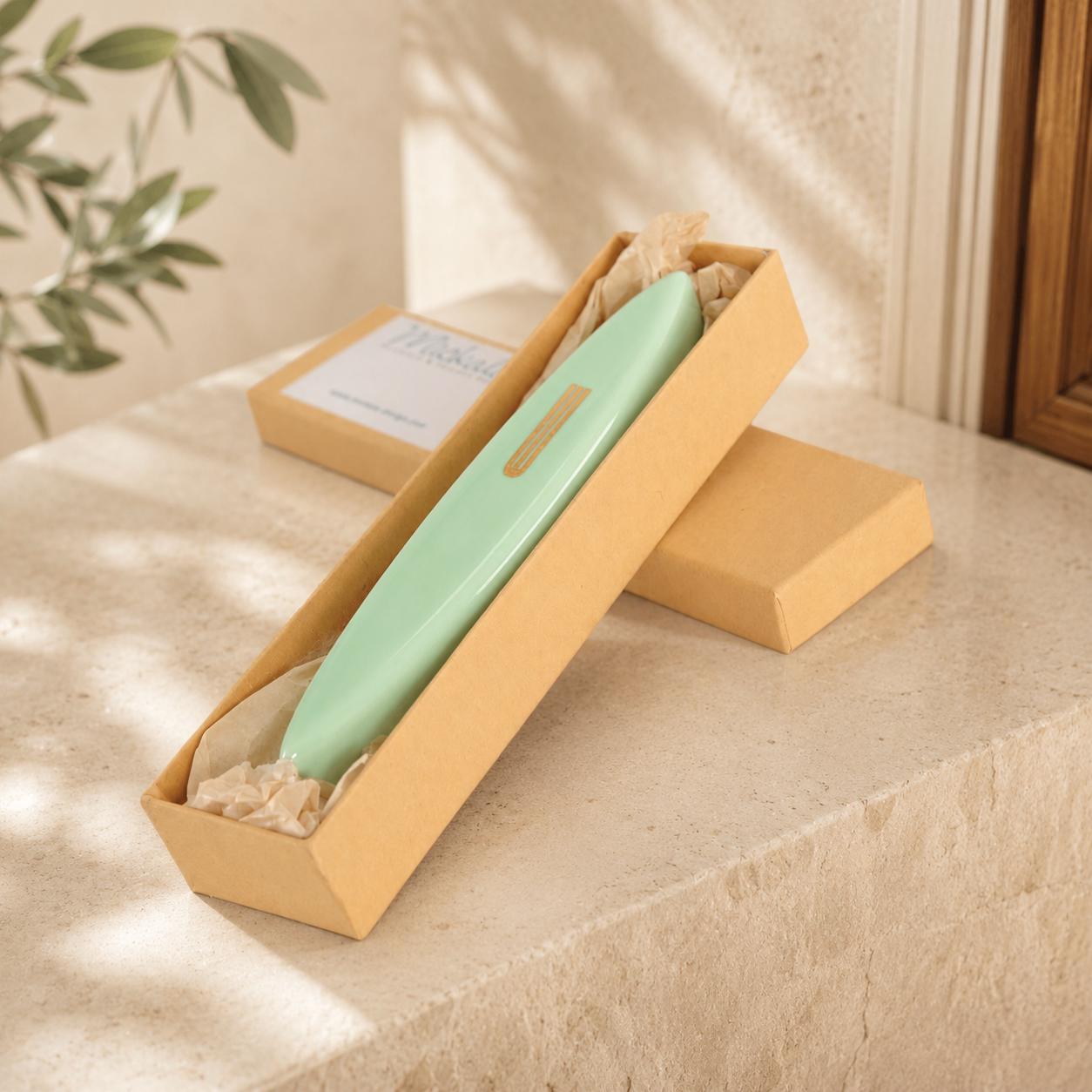 Handmade Modern Ceramic Mezuzah Case - Light Green & Gold - Special Needs Collaboration
