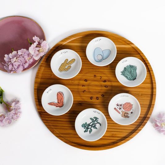 Modern Passover Plate - Wood and Colorful Ceramic Designed Passover Plate