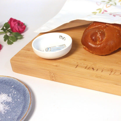 Elegant Bamboo with Hanukkah Challah Cover and Board with Colored Salt Bowl