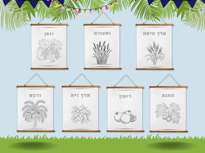 Wood-Topped Wall Tapestry – Sukkot 7 Species Decor | Elegant Jewish Sukkot Decor – 7 Species Coloring Wall Tapestries for Kids & Family