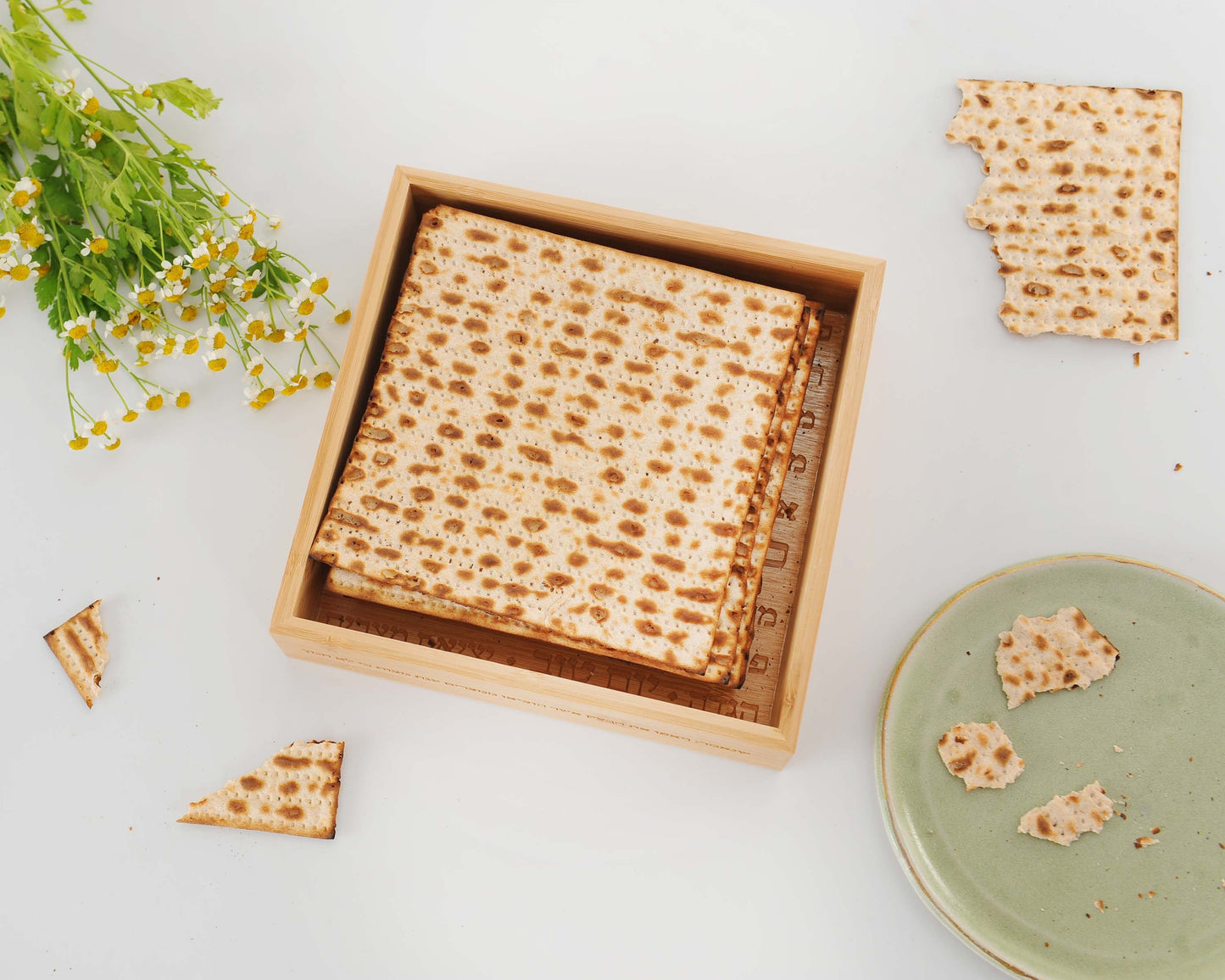 Modern Open Bamboo Matza Box with Hebrew Inscription