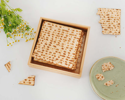 Modern Open Bamboo Matza Box with Hebrew Inscription