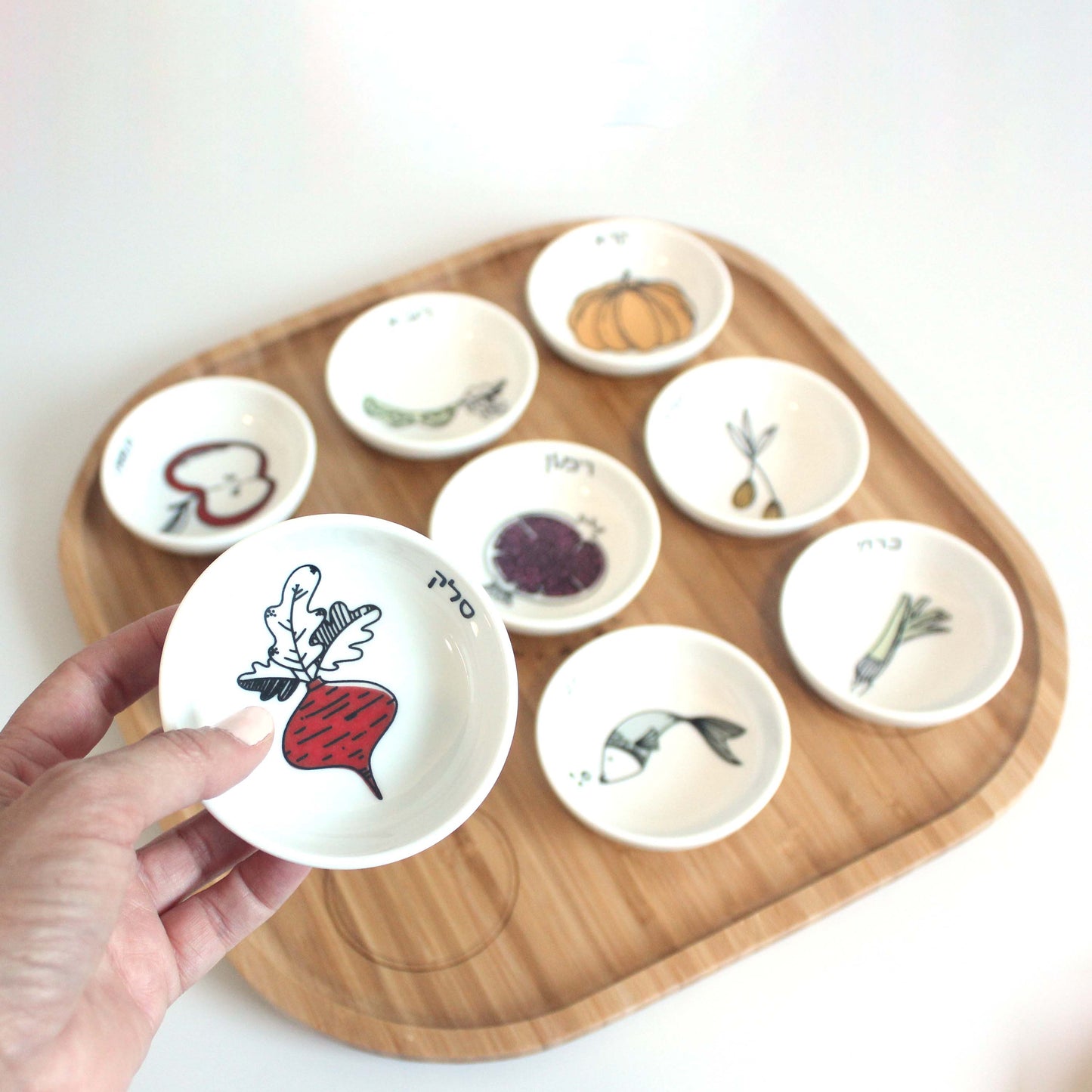 Colorful Rosh Hashana Seder Plate Set – 9 Ceramic Simanim Bowls on Bamboo Tray