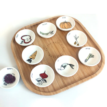 Colorful Rosh Hashana Seder Plate Set – 9 Ceramic Simanim Bowls on Bamboo Tray