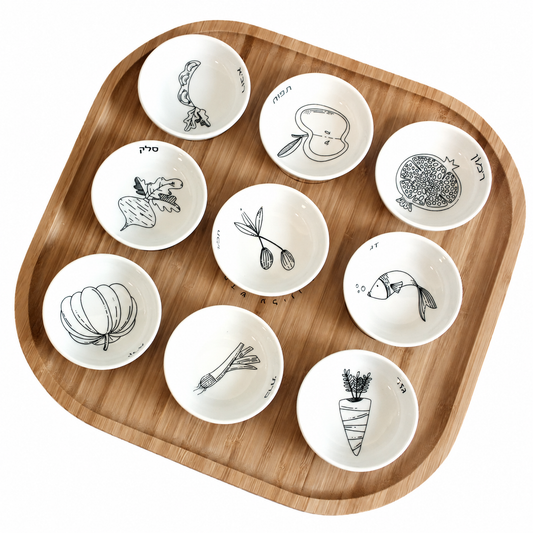 Rosh Hashana Seder Plate with Black and White Porcelain Bowls