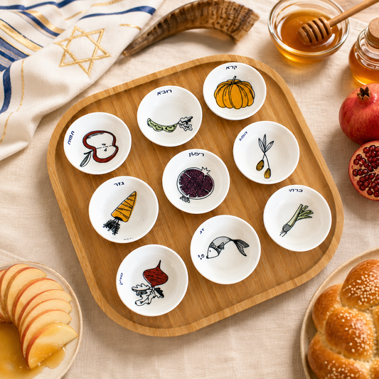 Colorful Rosh Hashana Seder Plate Set – 9 Ceramic Simanim Bowls on Bamboo Tray