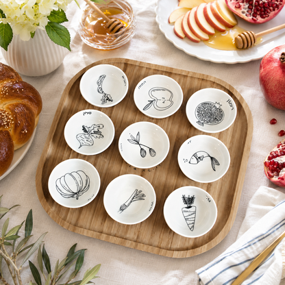 Rosh Hashana Seder Plate with Black and White Porcelain Bowls