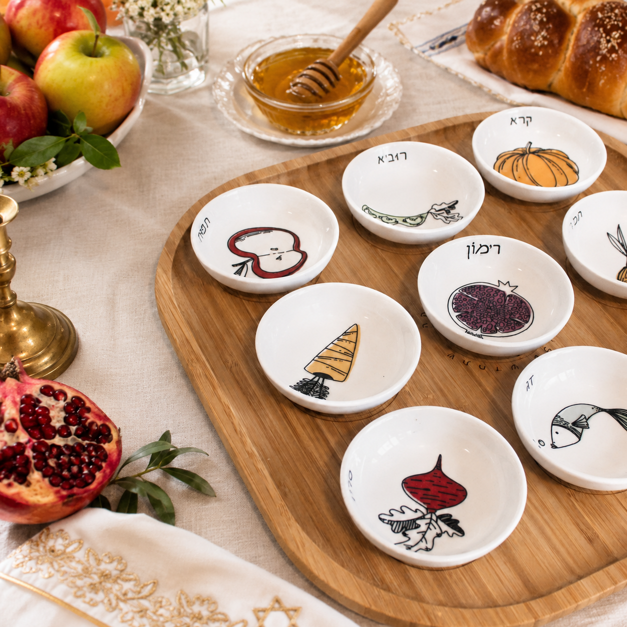 Colorful Rosh Hashana Seder Plate Set – 9 Ceramic Simanim Bowls on Bamboo Tray