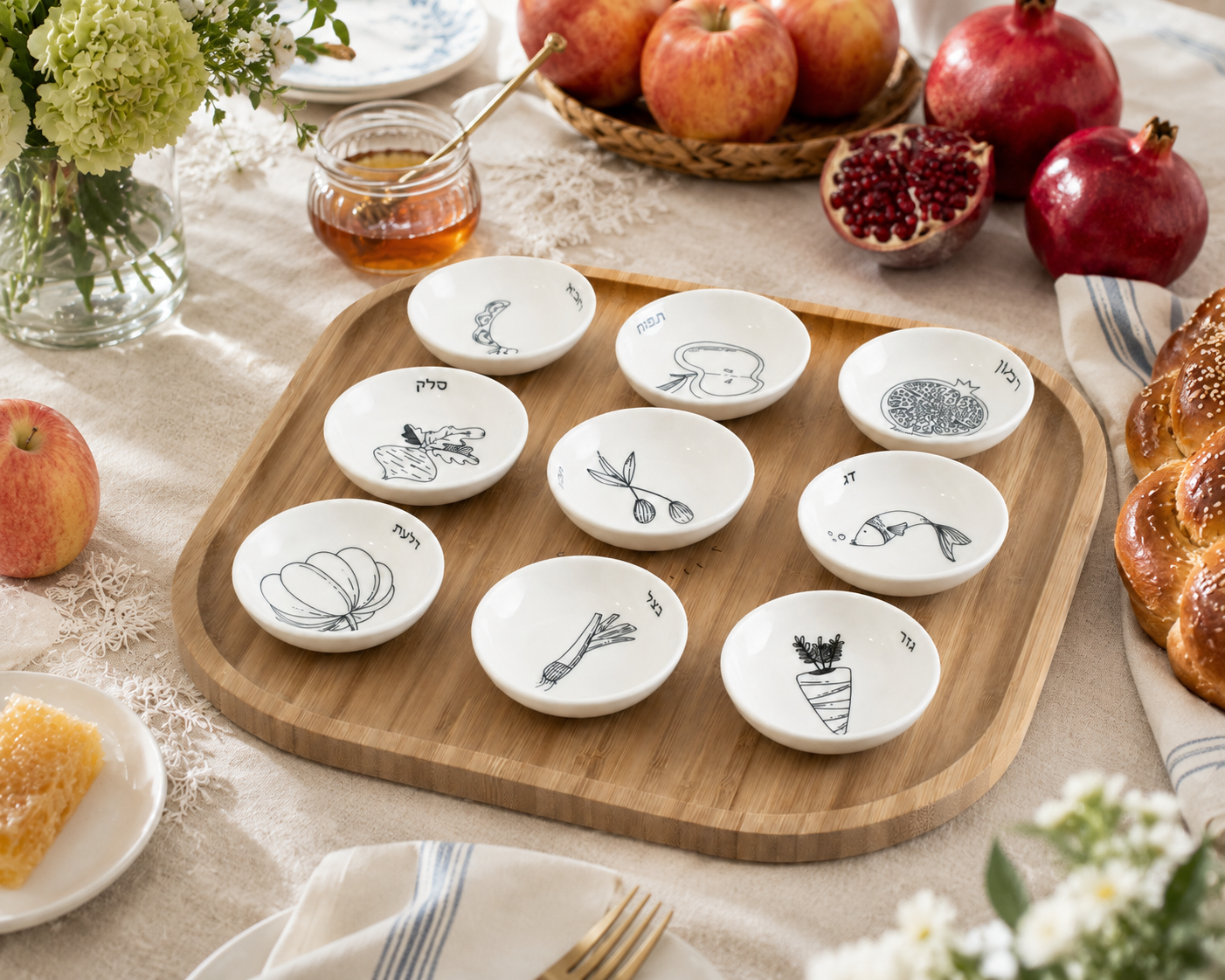 Rosh Hashana Seder Plate with Black and White Porcelain Bowls