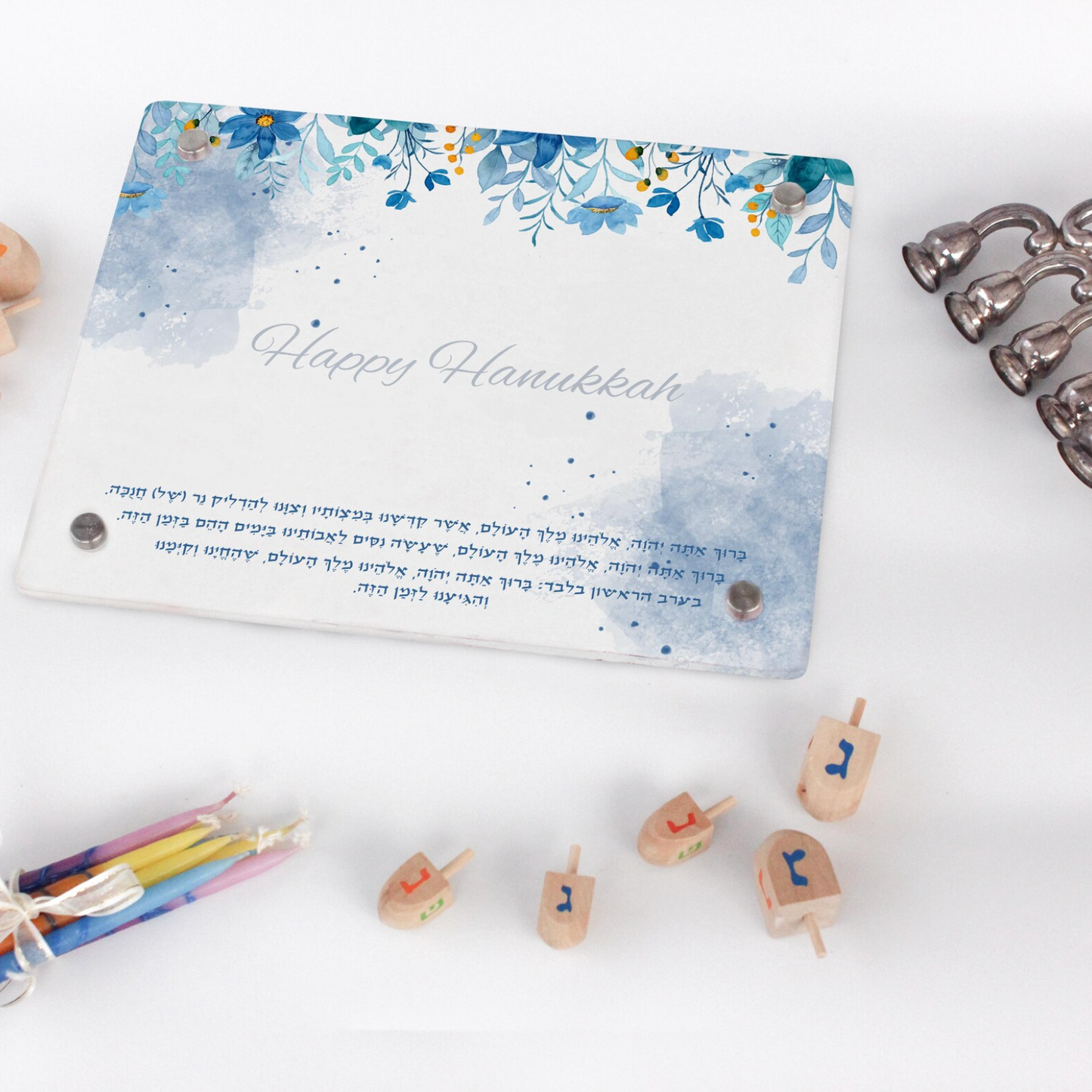 Personalized Happy Hanukkah Menorah Acrylic Tray with Blessing