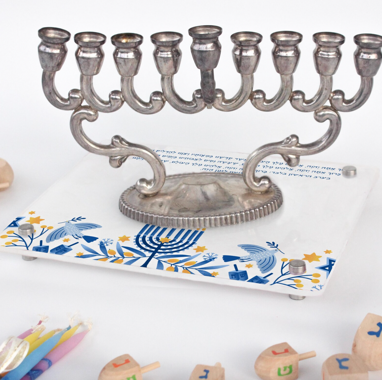 Acrylic Hanukkah Menorah Tray with Hebrew Blessing