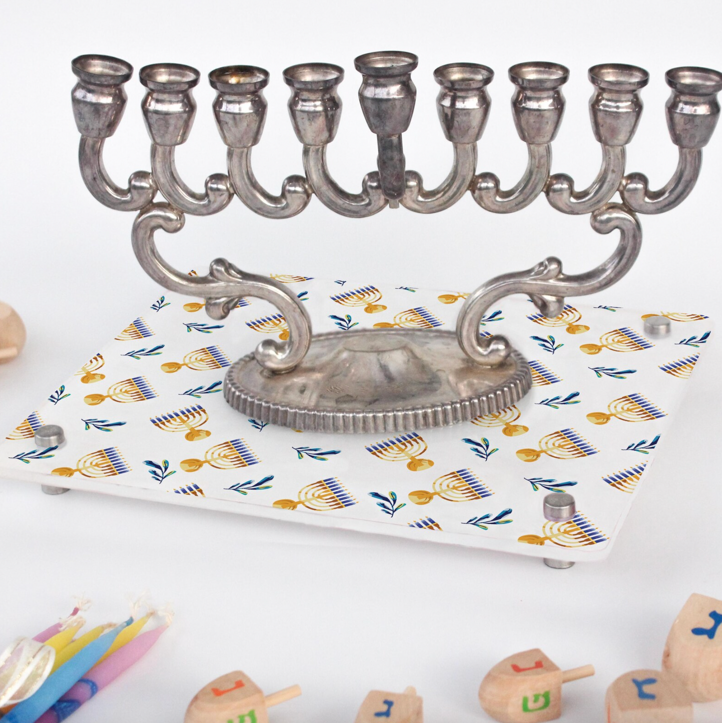 Festive Hanukkah Acrylic Sign with Menorah & Olive Branch Pattern