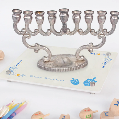 Floral Hanukkah Menorah Tray- Acrylic Candle Holder for Festival of Lights