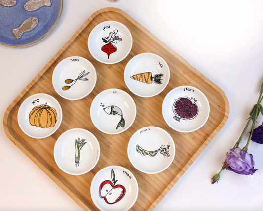 Colorful Rosh Hashana Seder Plate Set – 9 Ceramic Simanim Bowls on Bamboo Tray