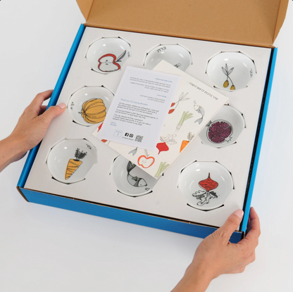 Colorful Rosh Hashana Seder Plate Set – 9 Ceramic Simanim Bowls on Bamboo Tray