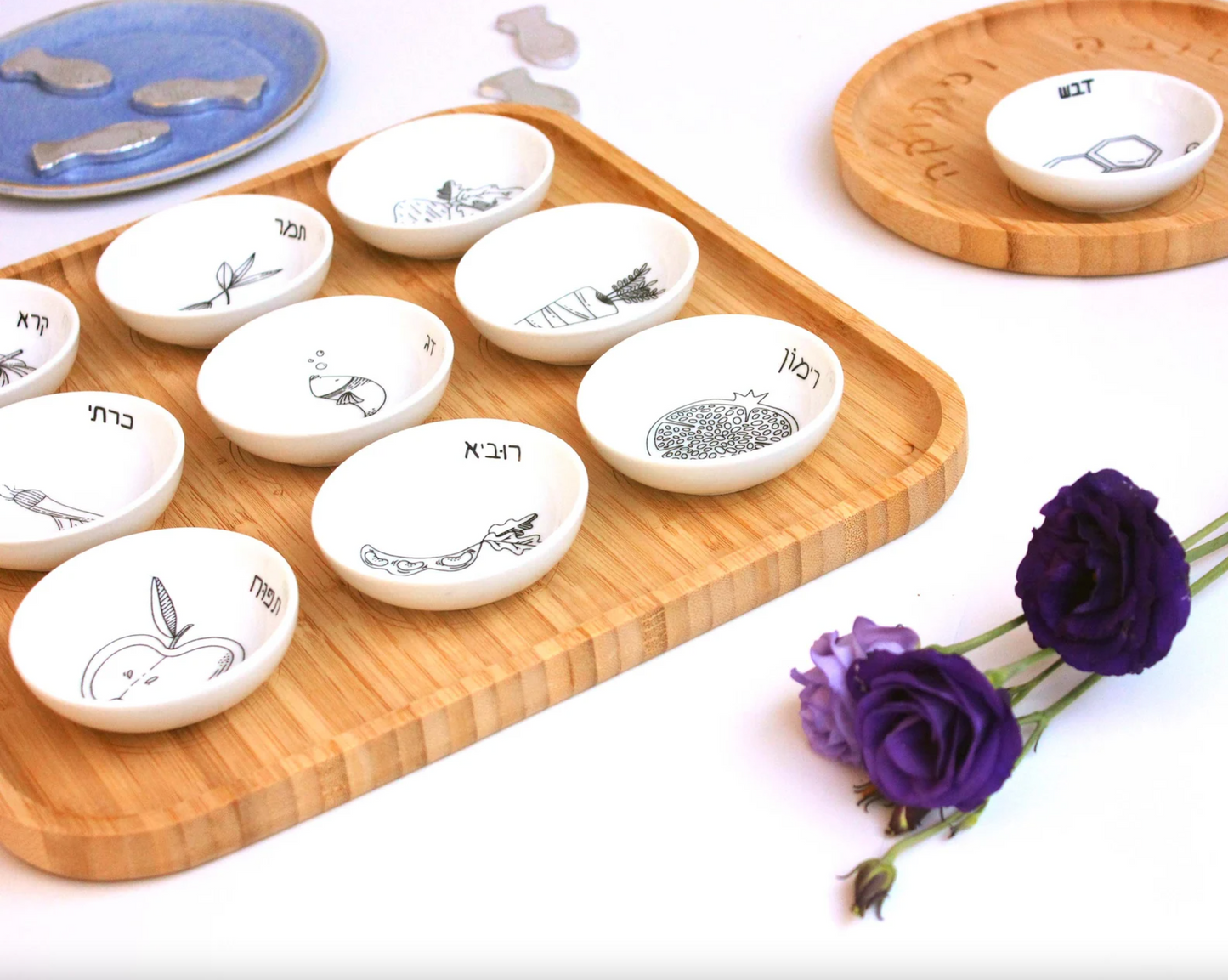Rosh Hashana Seder Plate and Apple and Honey Dish Set - Jewish New Year Gift Idea (Black & White)