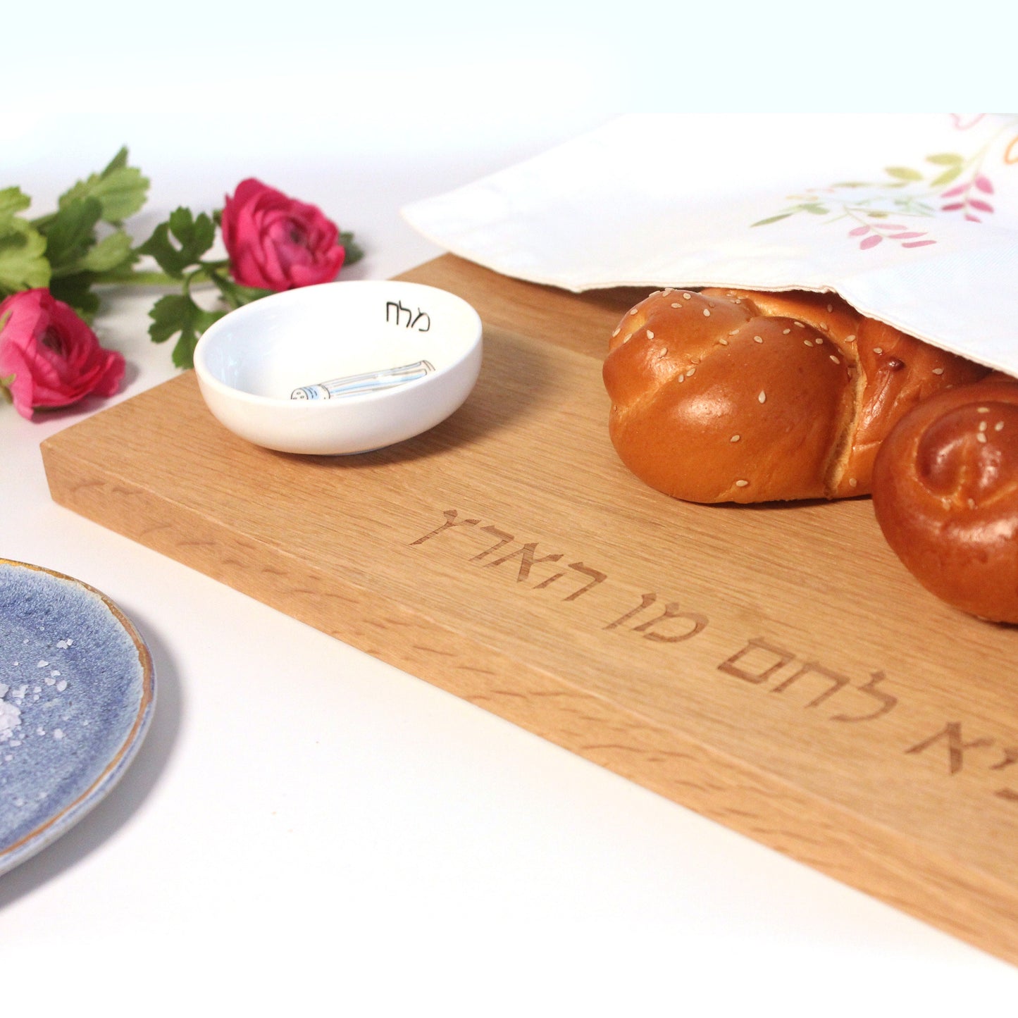 Oak Wood Challah Board with Porcelain Bowl