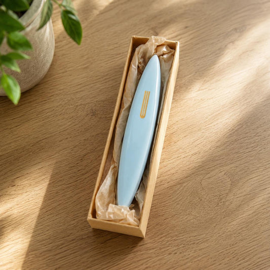 Handmade Modern Ceramic Mezuzah Case - Light Blue & Gold - Special Needs Collaboration