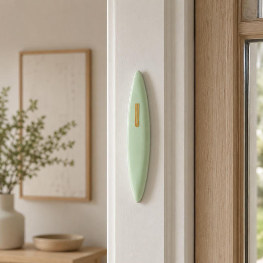 Handmade Modern Ceramic Mezuzah Case - Light Green & Gold - Special Needs Collaboration