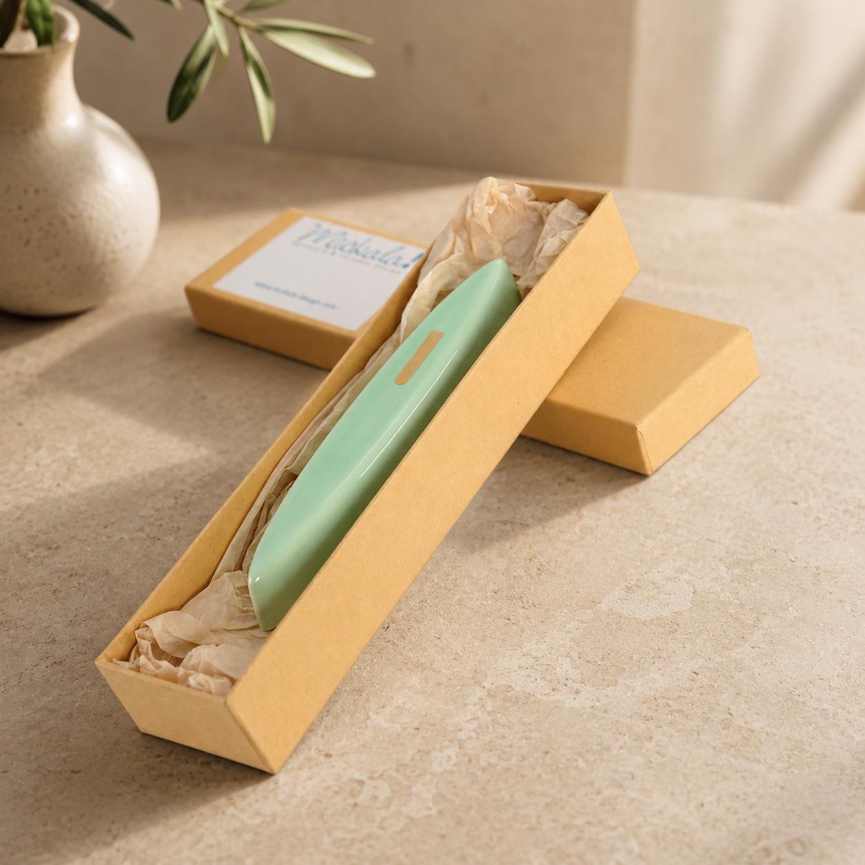 Handmade Modern Ceramic Mezuzah Case - Light Green & Gold - Special Needs Collaboration
